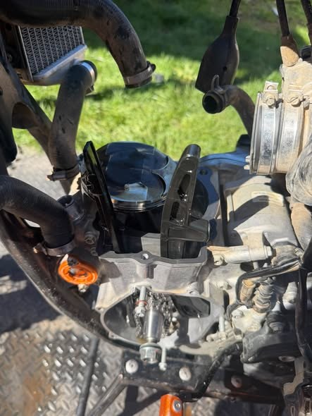 KTM SX-F 450 engine stripped for top-end rebuild